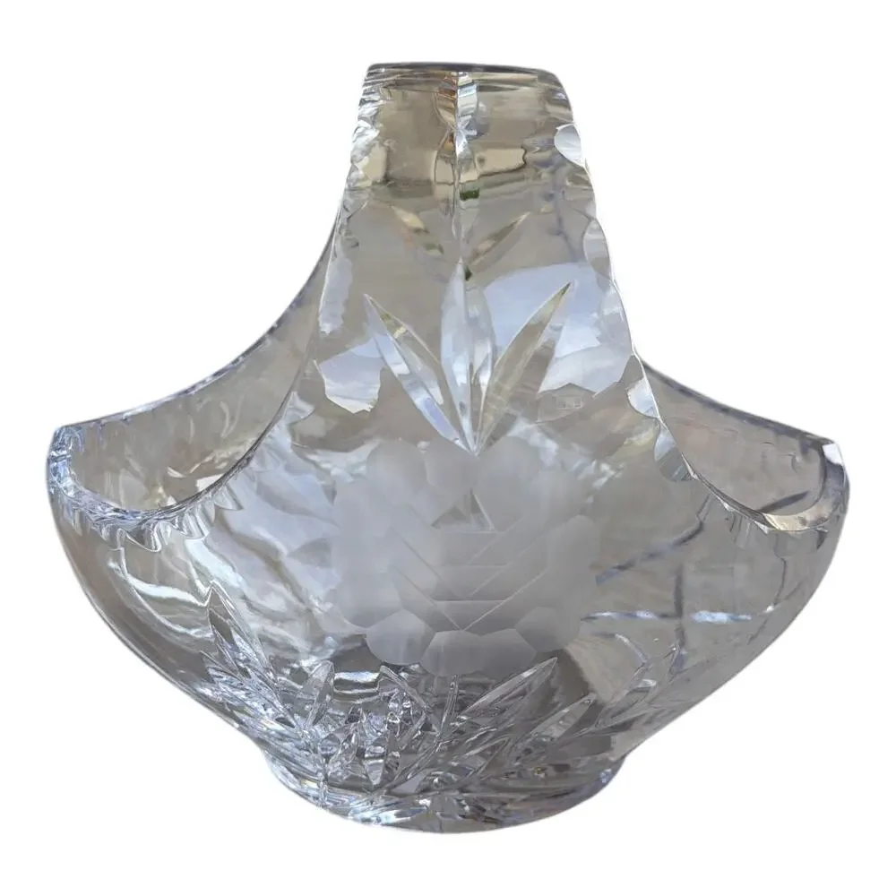 Vintage Bride's Basket Centerpiece Pineapple Crystal Clear Lead Cut Glass 7.5”